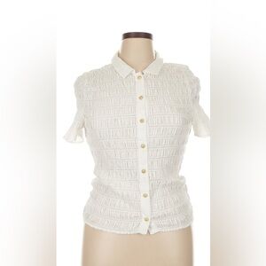 J. Crew White Cap Sleeve Smocked Dress Shirt Collar Top